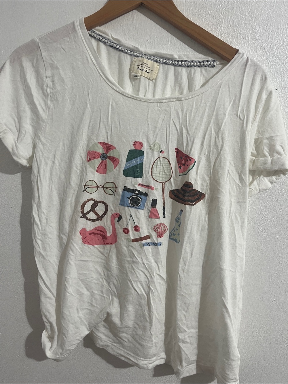 Anthropologie White Graphic Short Sleeve Tee with Pink & Blue Icons
